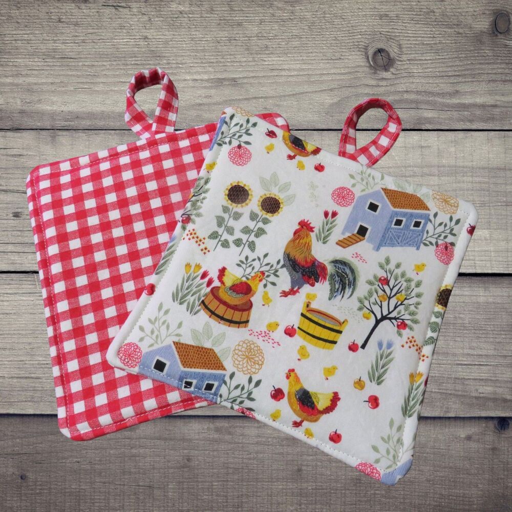 Handmade Potholder Set of 2 Reversible Chickens and Red Gingham Hot Pads
